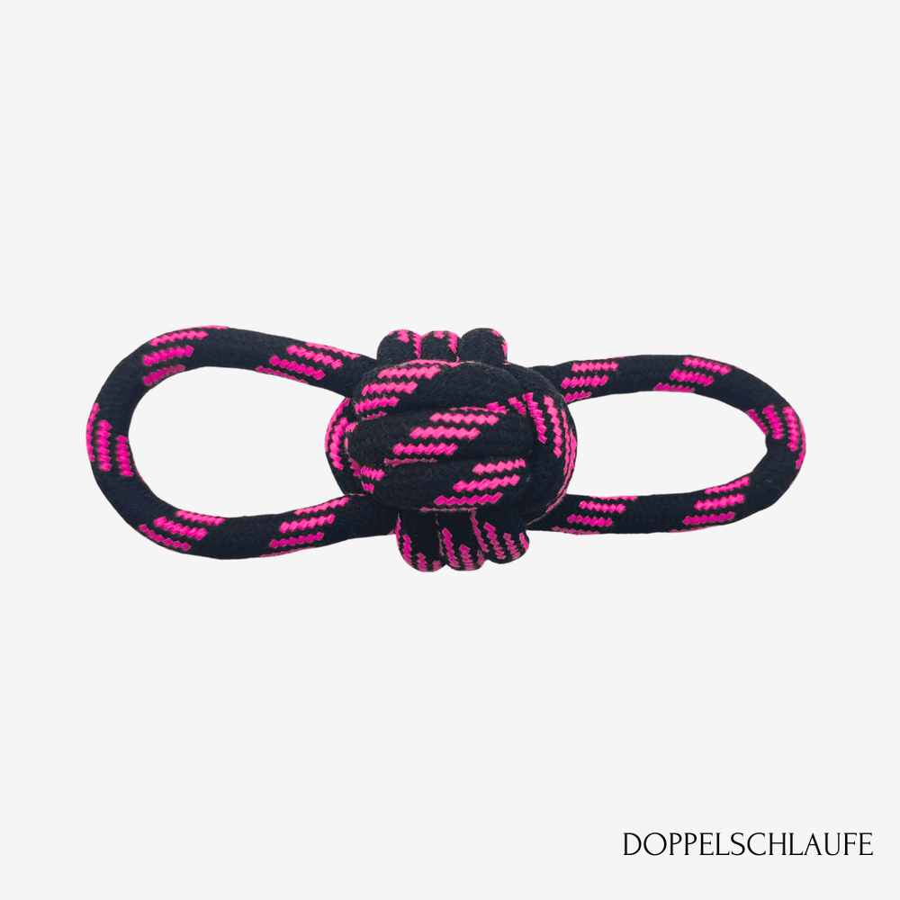Hundespielzeug Tau in Schwarz-Pink mit Doppel-Schlaufenknoten, ideal für Haustiere zum Spielen und Zerren.
