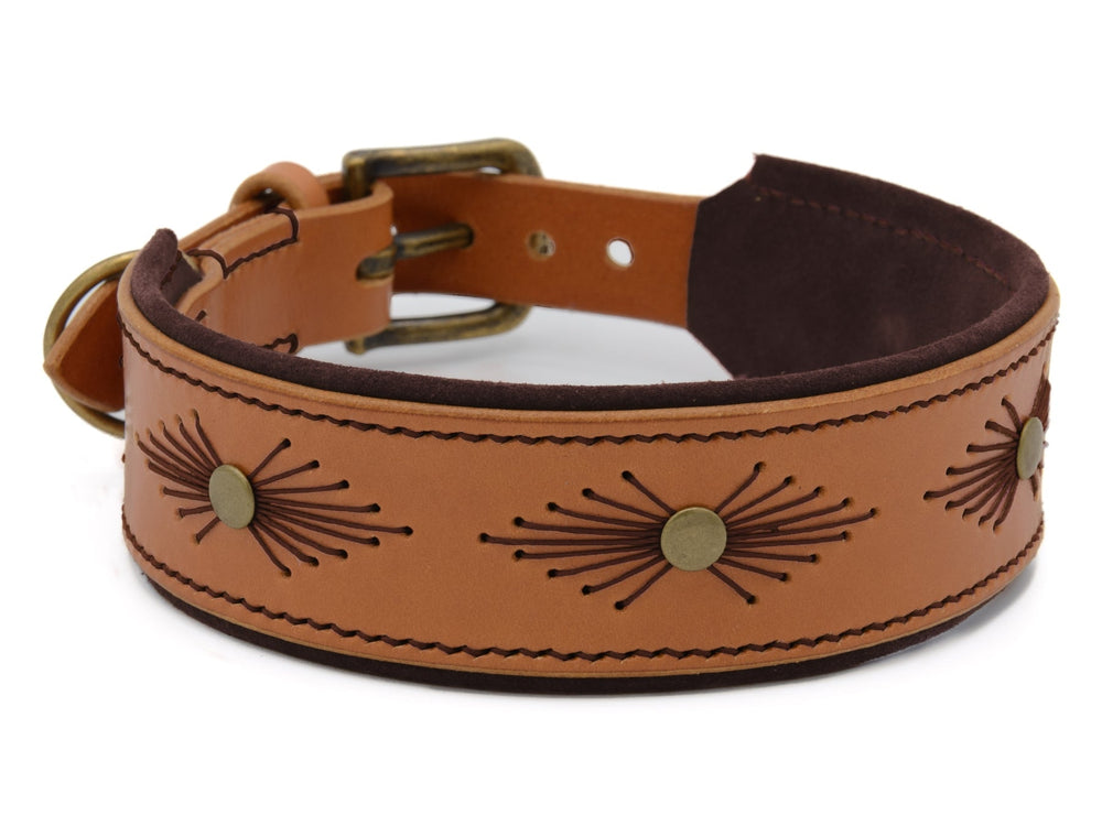 Braunes Lederhalsband WOODSTOCK für Hunde mit geprägten Mustern und Metallnieten, weich gefüttert für optimalen Komfort.