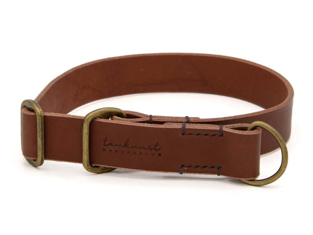 Braunes Lederhundehalsband mit mattem Metallverschluss und D-Ring, geprägt mit "tankunst MAN".