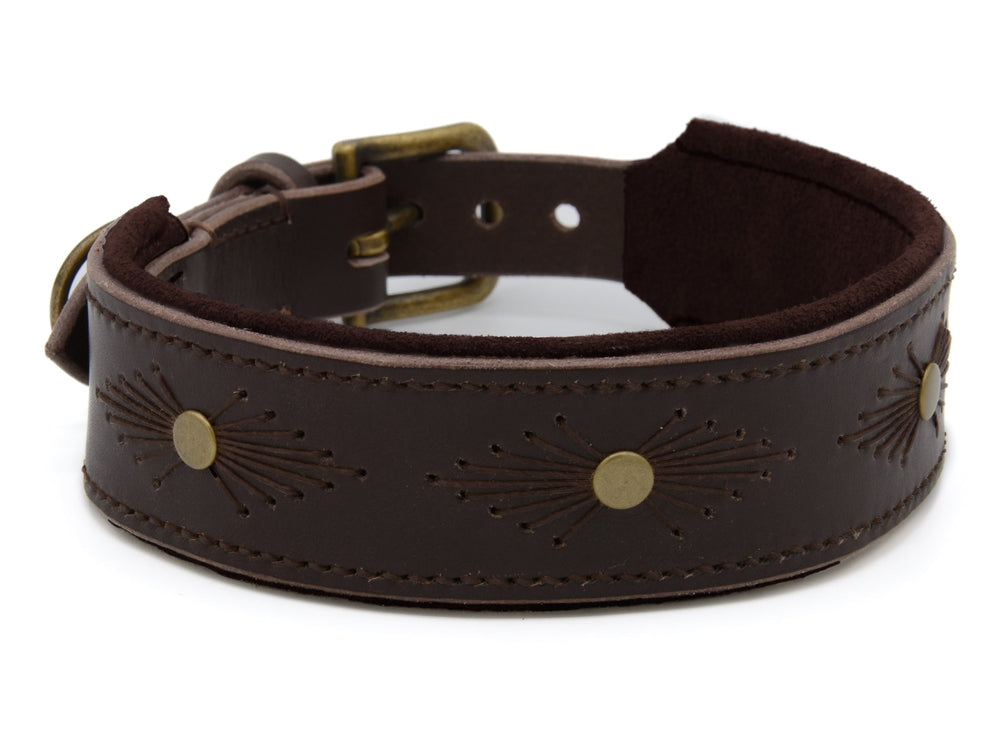 Braunes Lederhalsband WOODSTOCK mit goldfarbenen Akzenten und strahlenförmiger Stickerei. Robuste Schnalle für sicheren Halt.