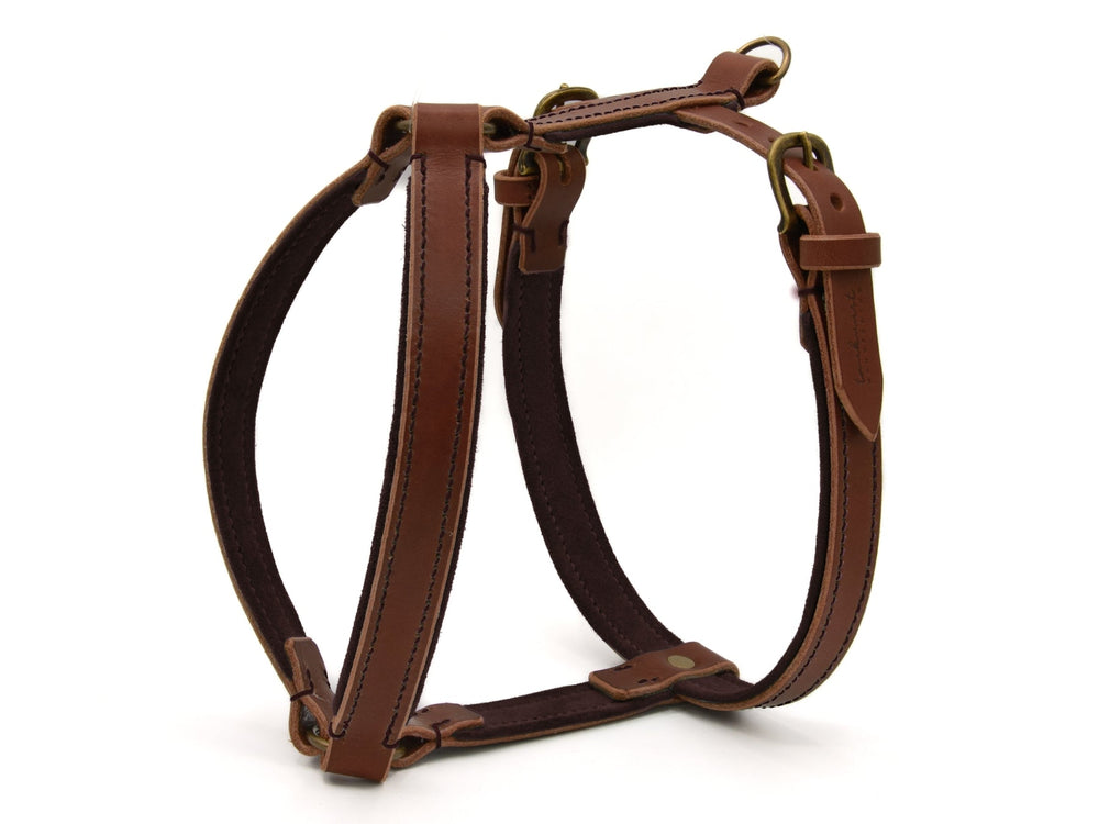 Braunes Hundegeschirr aus Leder mit Polsterung, robusten Metallbefestigungen und verstellbaren Riemen für optimalen Komfort.