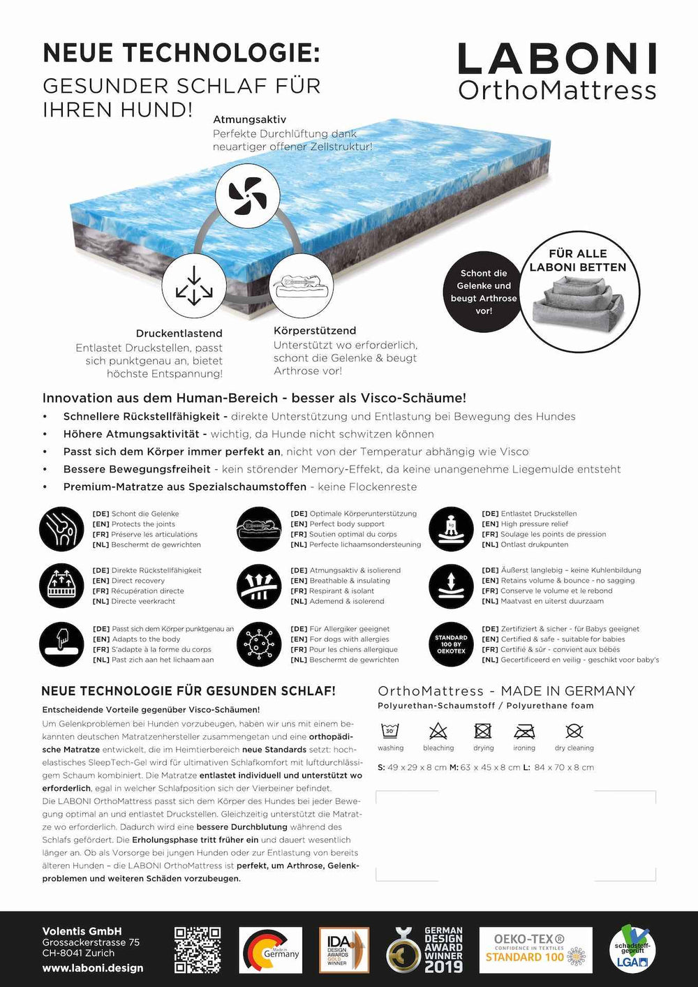 ALT-Text: "LABONI OrthoMatratze für Hunde - atmungsaktiv, druckentlastend, Gelenkunterstützung im komfortablen ORTHO Hundebett."