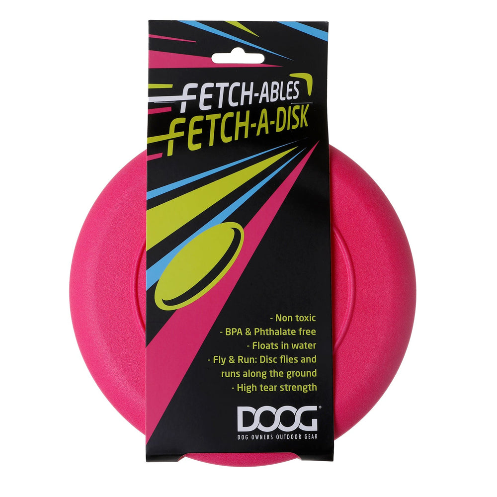 Pinkfarbener DOOG Fetch-A-Disc Frisbee in umweltfreundlicher Verpackung, ungiftig, schwimmfähig, BPA- und phthalatfrei.