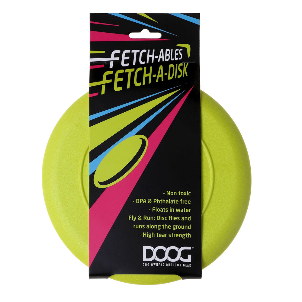 Leuchtende grüne DOOG Fetch-A-Disc Frisbee, BPA- und phthalatfrei, ideal für Hundespielzeug im Wasser.