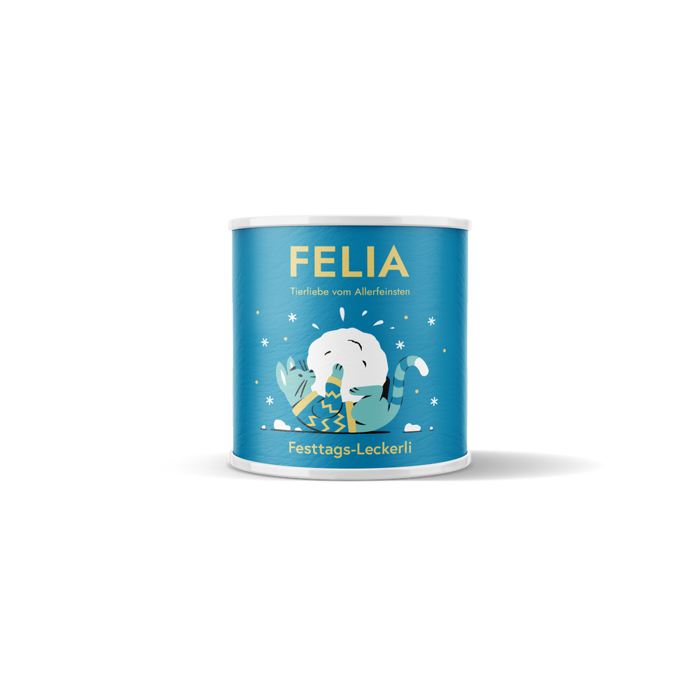 FELIA Festtags-Leckerli 4er Set in blauer Dose für Katzen, ideal als Belohnung oder für besondere Anlässe.