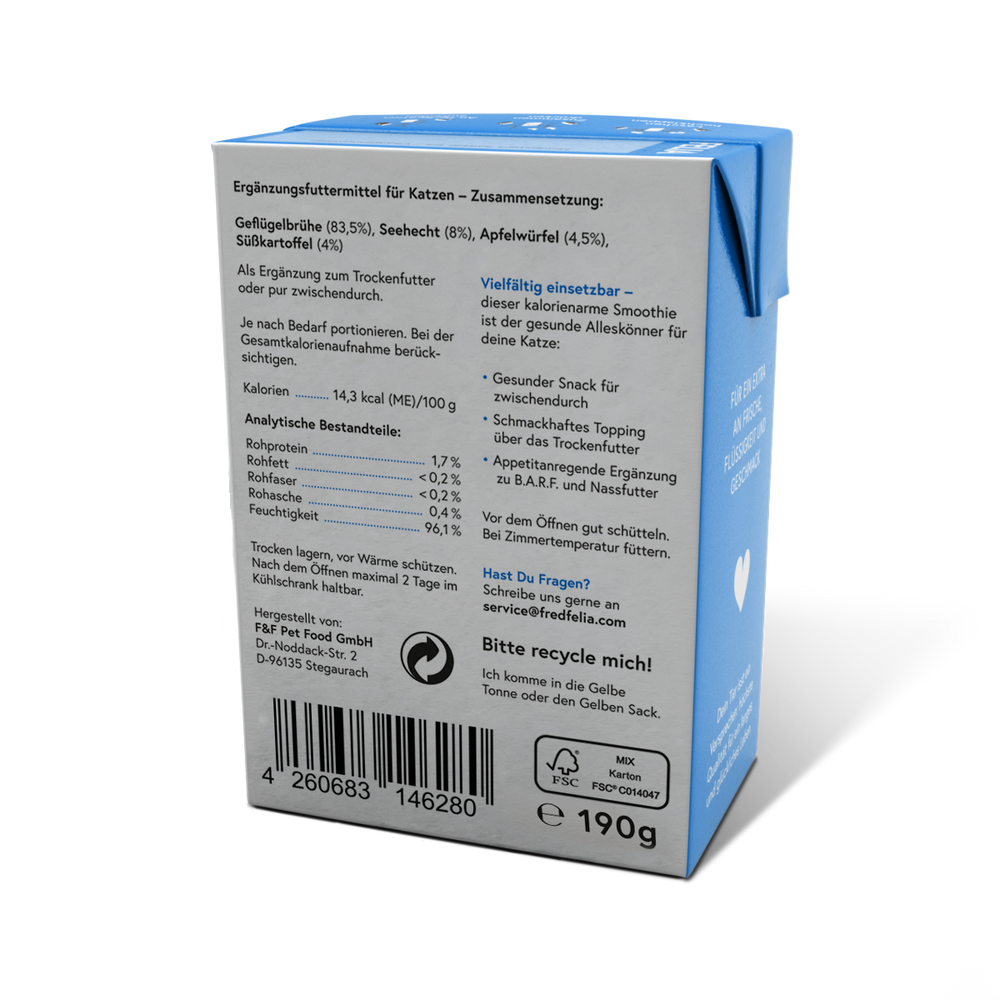 Verpackung des FELIA Smoothie Fisch Ergänzungsfutters für Katzen mit Inhaltsstoffen und Anwendungshinweisen.
