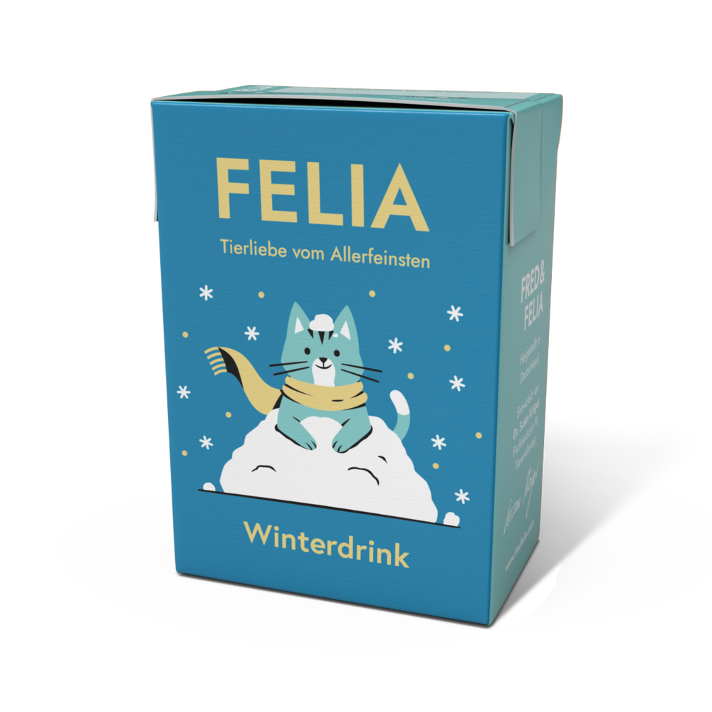 FELIA Winterdrink 2er Set für Katzen, Hühnerbrühe in winterlicher Verpackung mit Katze im Schal und Schneeflocken.
