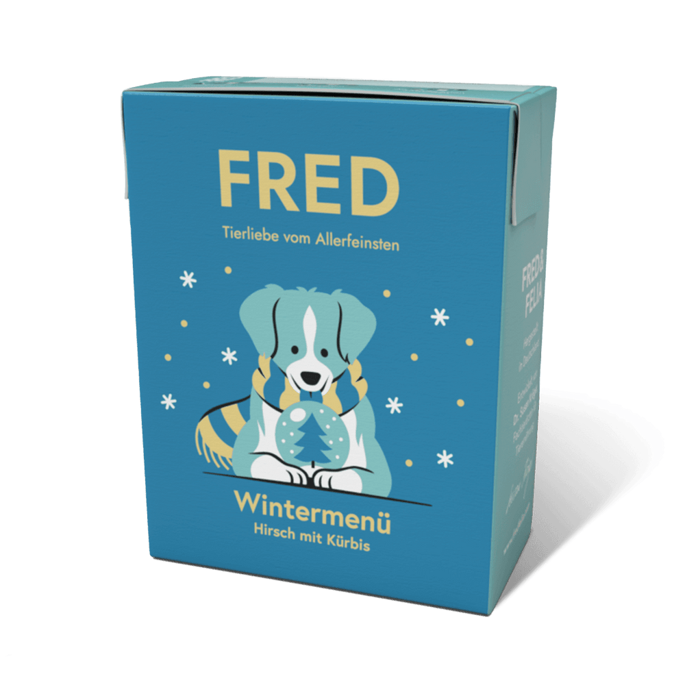 FRED Wintermenü 390g für Hunde, herzhaftes Nassfutter mit Wild, Gemüse und feinen Ölen für die kalte Jahreszeit.