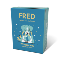 FRED Wintermenü 390g für Hunde, herzhaftes Nassfutter mit Wild, Gemüse und feinen Ölen für die kalte Jahreszeit.