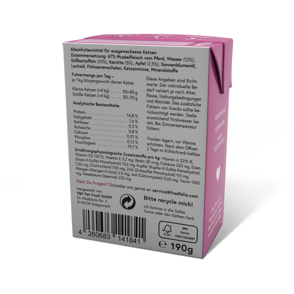 Katzenfutter FELIA Pferd 2er Set mit hohem Fleischanteil, ohne Zucker, verfeinert mit Obst und Gemüse für ausgewachsene Katze