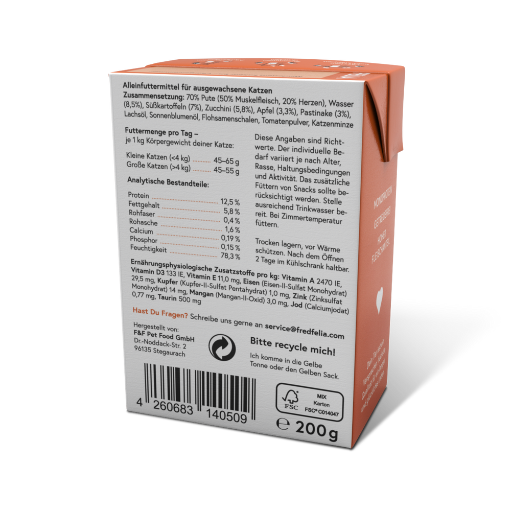 ALT-Tag für das Bild: Verpackung des FELIA Pute (2er Set) für Katzenfutter mit Inhaltsstoffen und Fütterungsempfehlung in ora