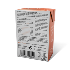 ALT-Tag für das Bild: Verpackung des FELIA Pute (2er Set) für Katzenfutter mit Inhaltsstoffen und Fütterungsempfehlung in ora