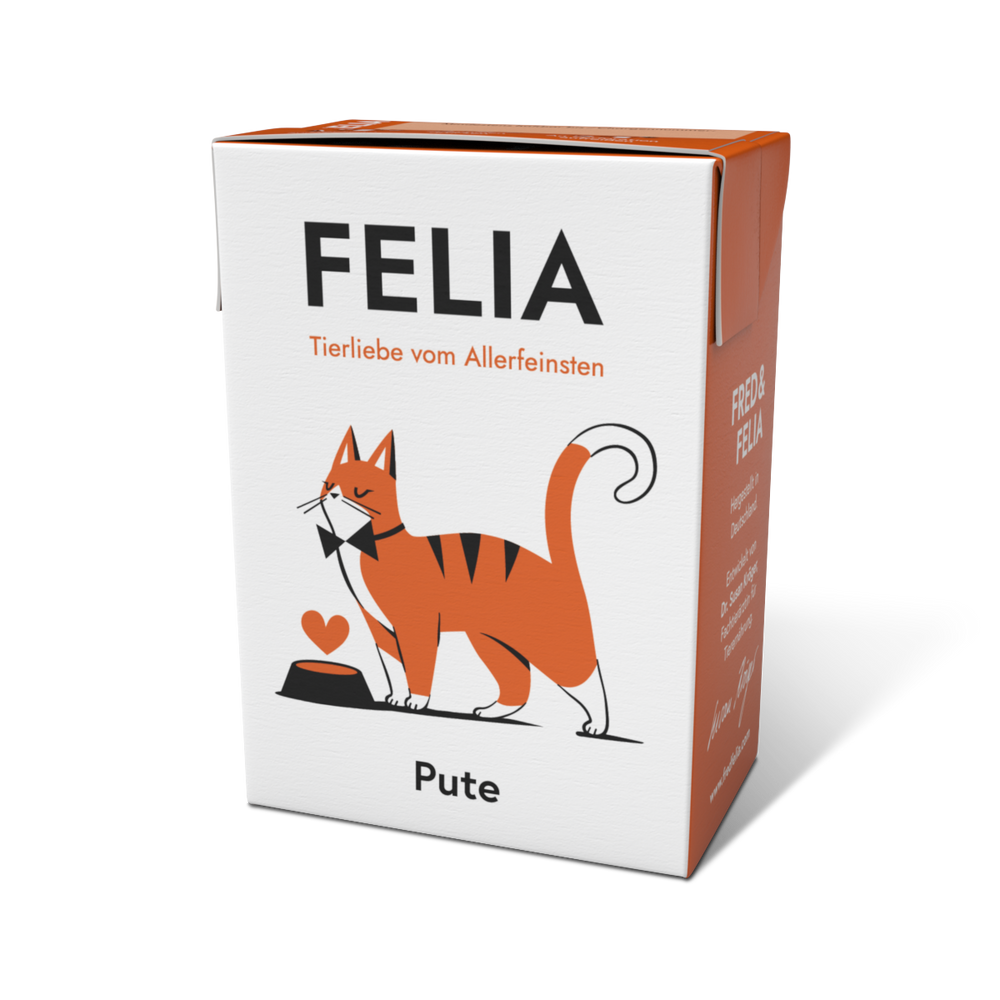 ALT-Tag für FELIA Pute (2er Set) Katzenfutterverpackung mit Putenfleisch, Obst und Gemüse, modern und ansprechend gestaltet.