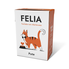ALT-Tag für FELIA Pute (2er Set) Katzenfutterverpackung mit Putenfleisch, Obst und Gemüse, modern und ansprechend gestaltet.