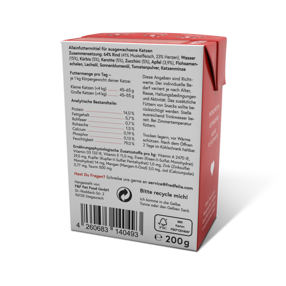 ALT-Tag für das Bild: Verpackung von FELIA Rind (2er Set) für Katzenfutter in roter Farbgebung mit Zutatenliste und Fütterung