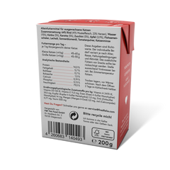 ALT-Tag für das Bild: Verpackung von FELIA Rind (2er Set) für Katzenfutter in roter Farbgebung mit Zutatenliste und Fütterung