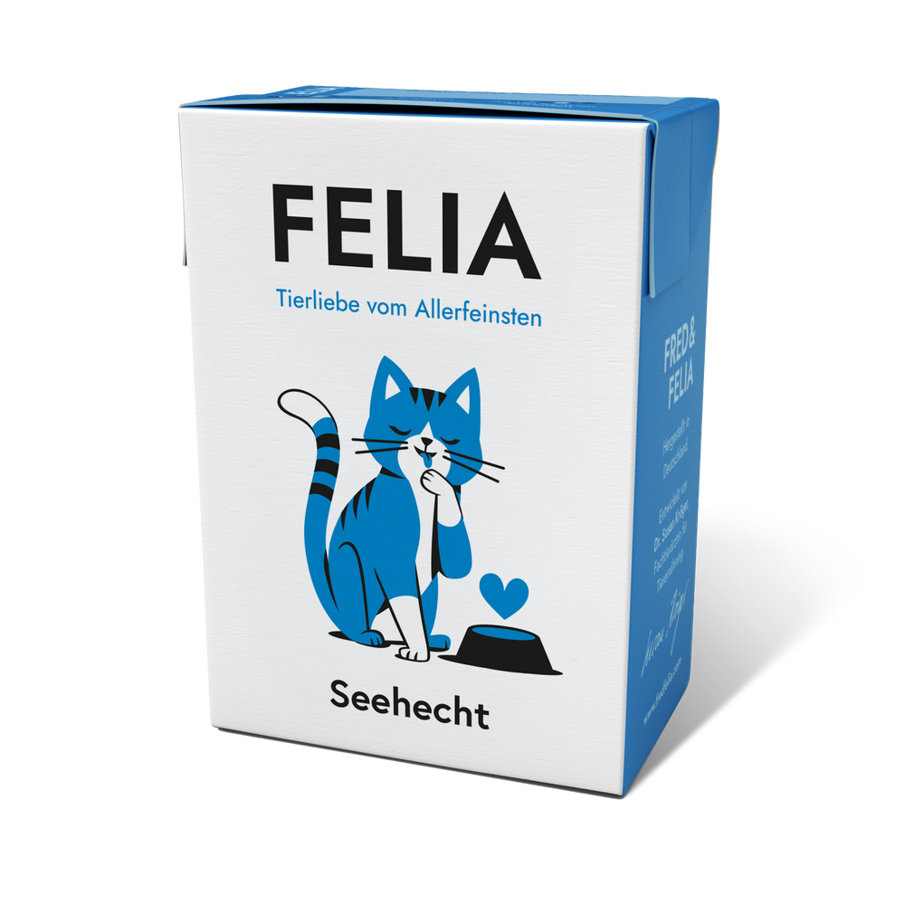 Verpackung von FELIA Seehecht mit stilisierter Katze auf weißem Hintergrund und blauen Akzenten.