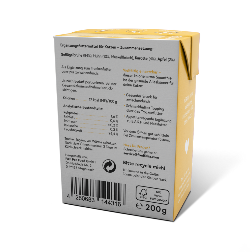 FELIA Smoothie Huhn 2er Set für Katzen, feuchter Snack mit Huhn, Karotte und Apfel, ideal als Topping oder Belohnung.