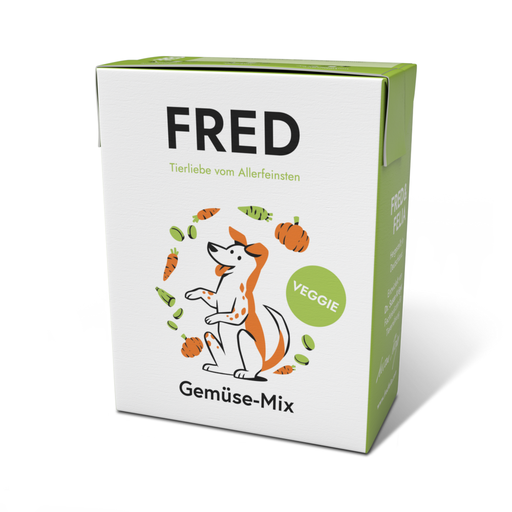 FRED Gemüse-Mix für Hunde in moderner Verpackung, leicht verdaulich und ballaststoffreich für gesunde Ernährung.
