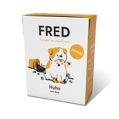 FRED Huhn mit Reis JUNIOR für Junghunde, nährstoffreich, frisch gekocht, ideale Portionen, unterstützt gesundes Wachstum.
