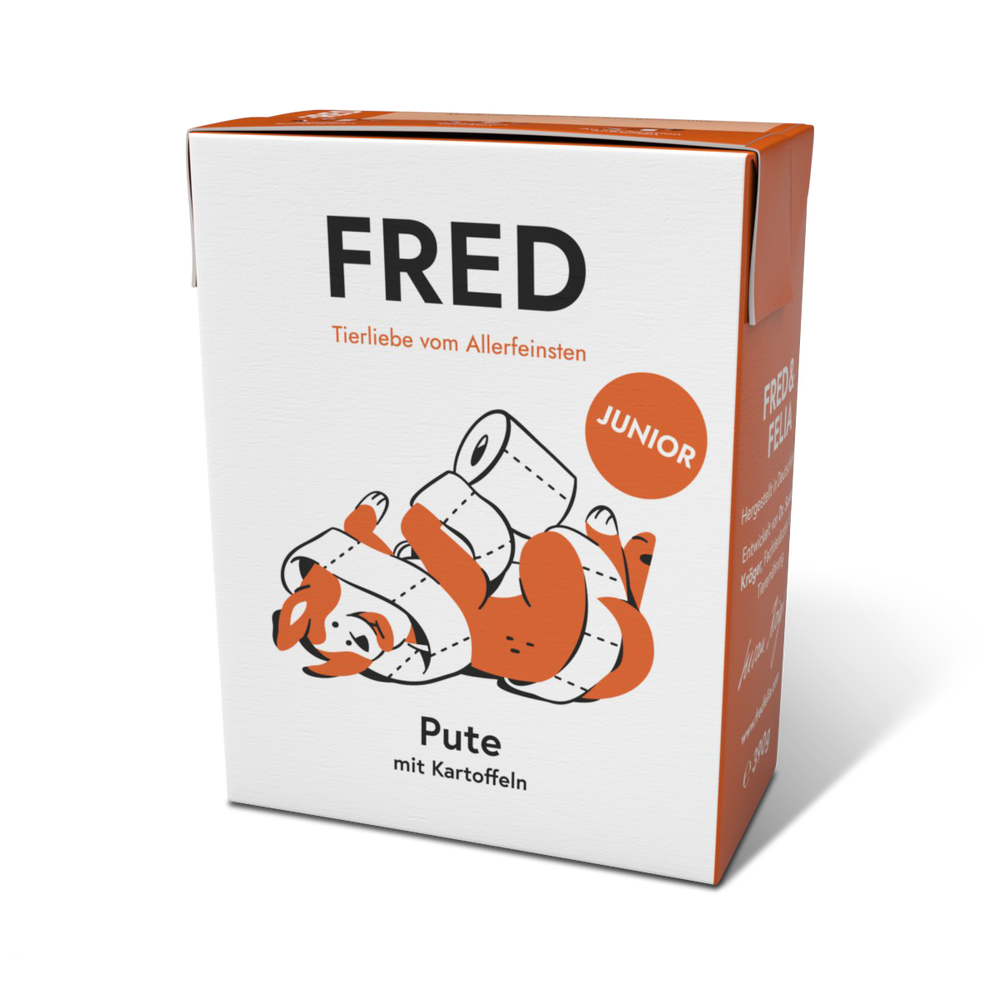 Nassfutter FRED Pute mit Kartoffeln für Junghunde in verspielter Verpackung mit cartoonhaftem Hund.