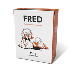 FRED Pute mit Kartoffeln für aktive Hunde, proteinreich, fettarm und leicht verdaulich, ideal für figurbewusste Vierbeiner.