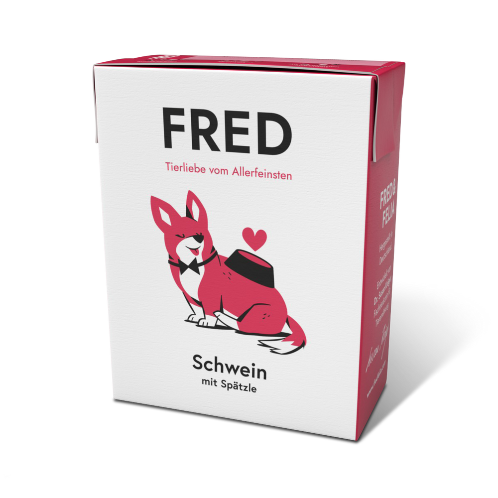 FRED Schwein mit Spätzle für Hunde, herzhaftes Menü mit Schweinefleisch und Spätzle, hohe Akzeptanz für wählerische Vierbeine