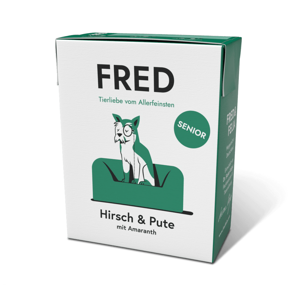 FRED Hirsch & Pute Seniorfutter für ältere Hunde, unterstützt Mobilität und Wohlbefinden, mit gesunden Zutaten.