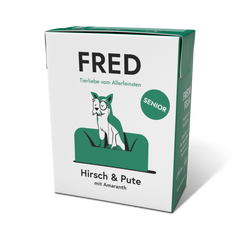 FRED Hirsch & Pute Seniorfutter für ältere Hunde, unterstützt Mobilität und Wohlbefinden, mit gesunden Zutaten.