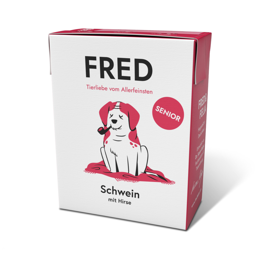 FRED Schwein Seniorfutter für ältere Hunde, unterstützt Gelenke und Vitalität, mit Lachsöl und Topinambur.