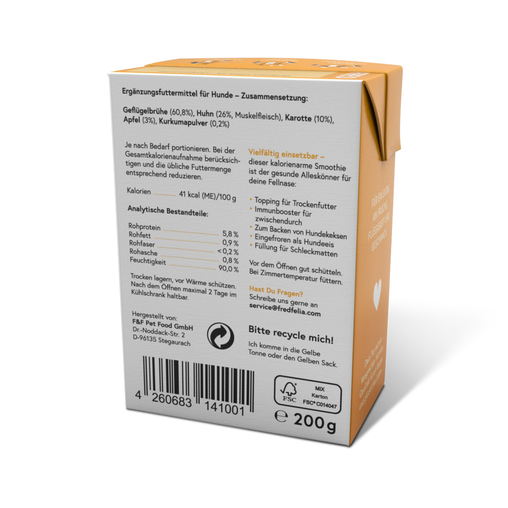 FRED Smoothie Huhn mit Kurkuma 2er Set für Hunde, kalorienarmer Snack, vielseitig als Topping oder gefrorenes Hundeeis.