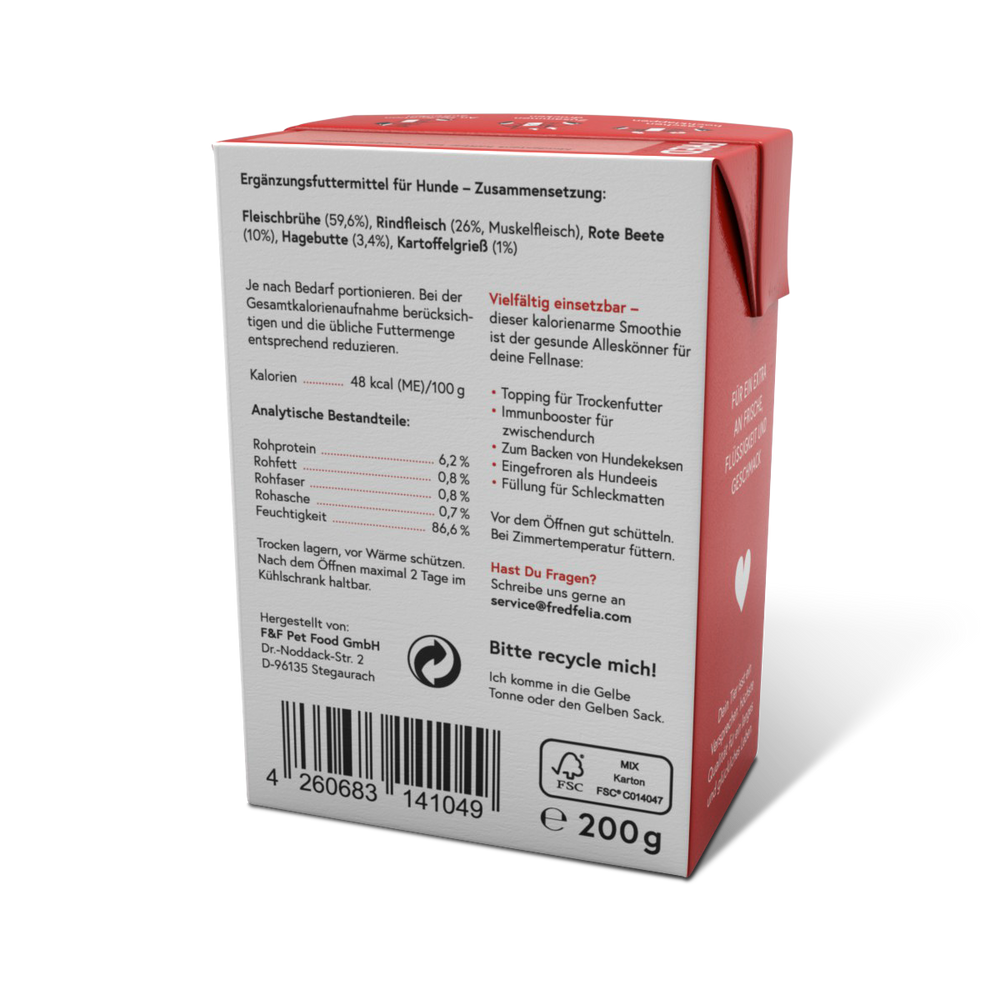 FRED Smoothie Rind mit Hagebutte 2er Set für Hunde, kalorienarm, vielseitig als Snack oder Topping, enthält Antioxidantien.