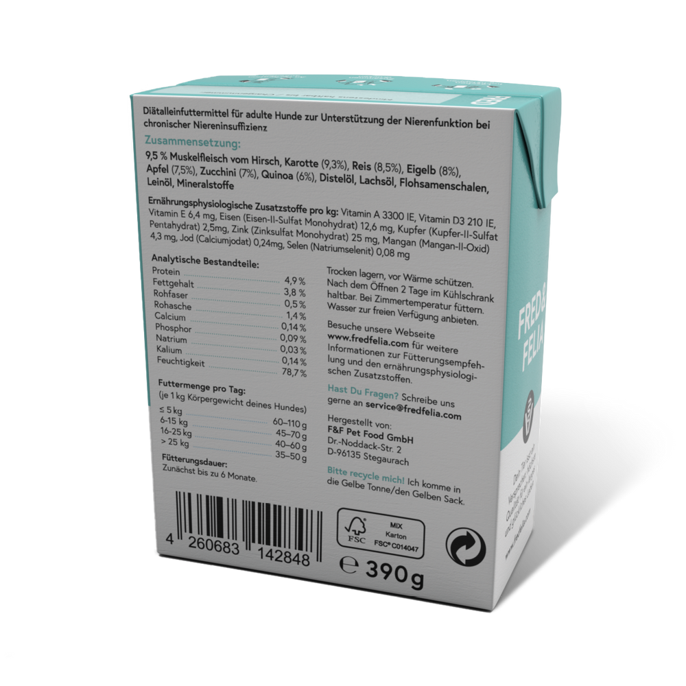FRED VET Low Protein Diätfutter für Hunde zur Unterstützung der Nierenfunktion bei chronischen Erkrankungen.