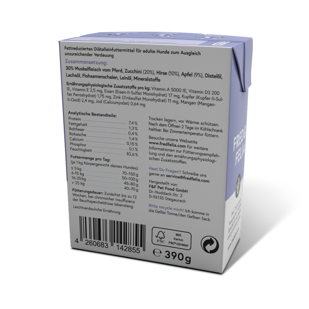 Rückseite der Verpackung von FRED VET Intestinal Diät für Hunde mit Pankreasproblemen, Zutatenliste und Nährstoffe sichtbar.