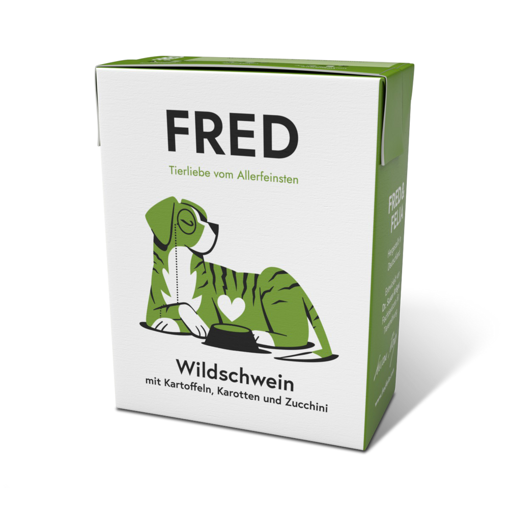 FRED Wildschwein Hundefutter mit Kartoffeln und Karotten in grüner Verpackung, ideal für wählerische Hunde.