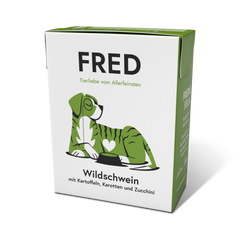 FRED Wildschwein Hundefutter mit Kartoffeln und Karotten in grüner Verpackung, ideal für wählerische Hunde.