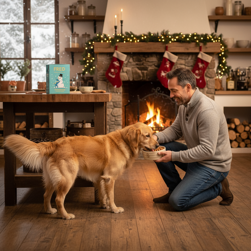 FRED Wintermenü 190g 2er Set, herzhaftes Hundefutter für Wintergenuss in weihnachtlicher Küche mit Golden Retriever.