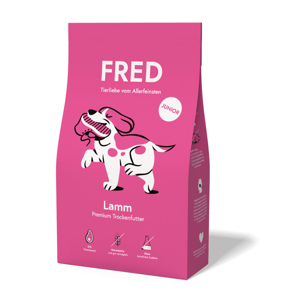 FRED Premium Trockenfutter JUNIOR Lamm in pinker Verpackung für gesunde Welpenernährung mit Lamm und Huhn.
