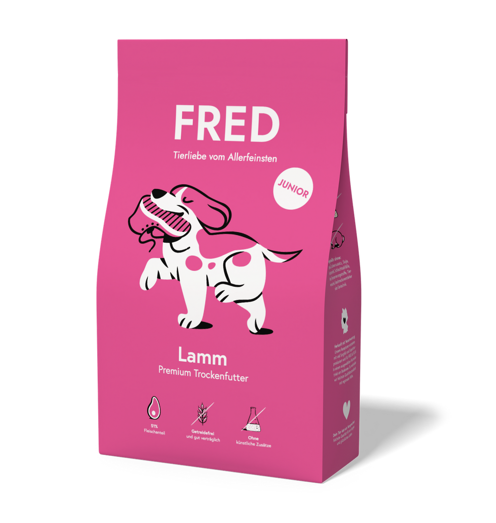 FRED Premium Trockenfutter JUNIOR Lamm in pinker Verpackung für gesunde Welpenernährung mit Lamm und Huhn.