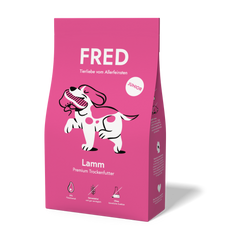 FRED Premium Trockenfutter JUNIOR Lamm in pinker Verpackung für gesunde Welpenernährung mit Lamm und Huhn.