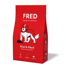 FRED Premium Trockenfutter Rind & Pferd in roter Verpackung für aktive Hunde mit 30% Rind- und Pferdefleisch, getreidefrei.