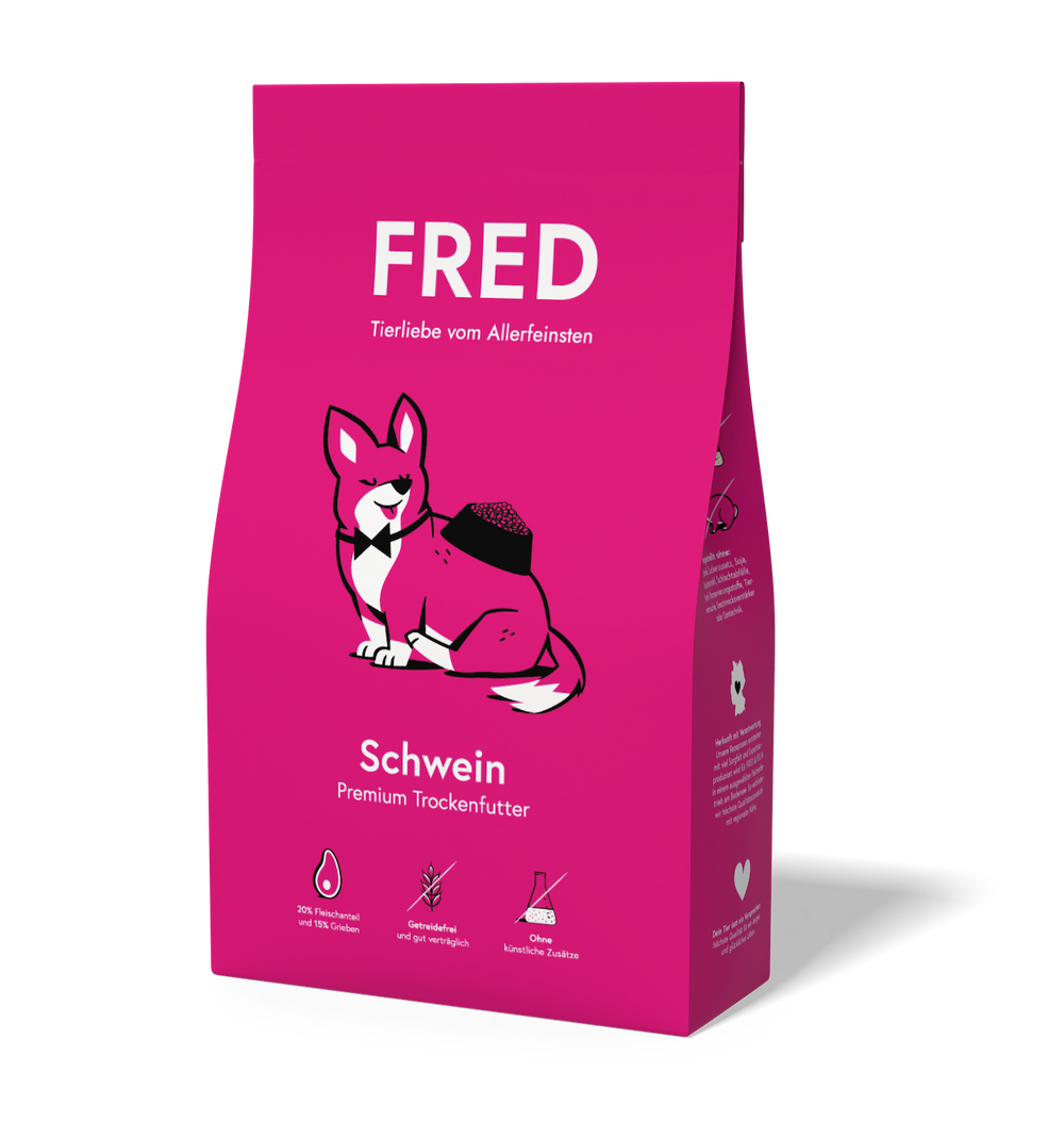 FRED Premium Trockenfutter für Hunde mit Schweinefleisch in pinker Verpackung, getreidefrei und nährstoffreich.