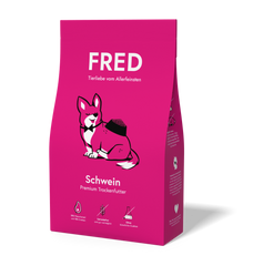 FRED Premium Trockenfutter für Hunde mit Schweinefleisch in pinker Verpackung, getreidefrei und nährstoffreich.
