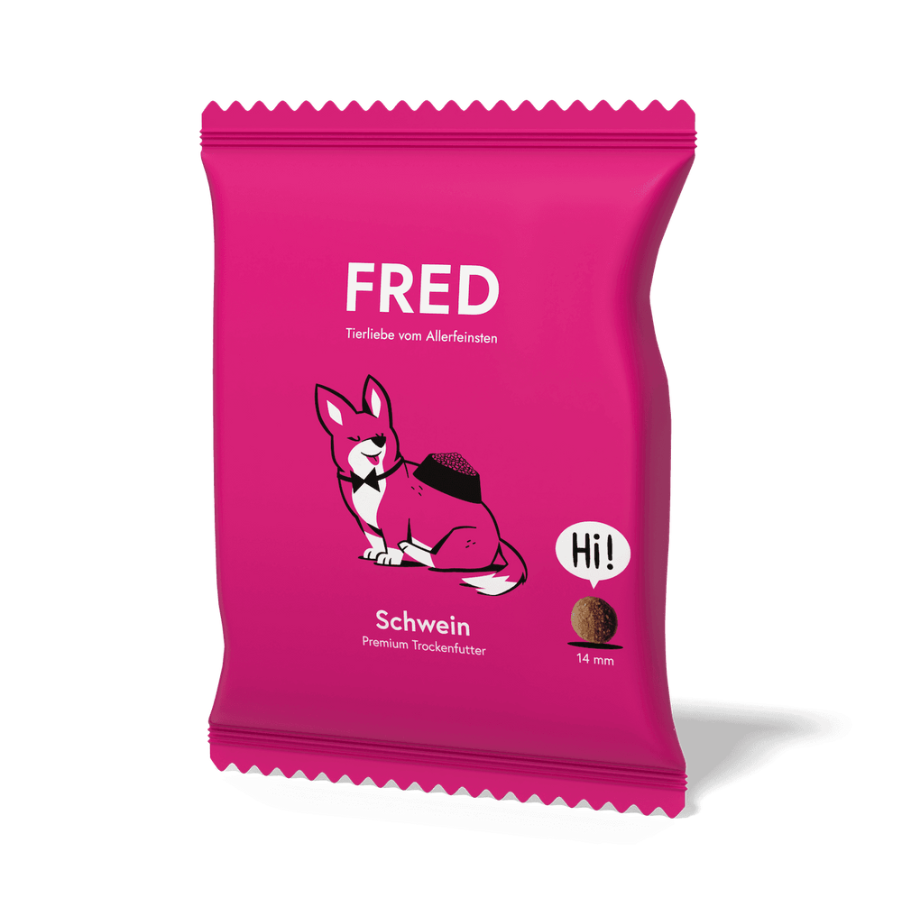 FRED Premium Trockenfutter für Hunde mit Schwein in pinker Verpackung, getreidefrei und nährstoffreich.