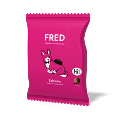 FRED Premium Trockenfutter für Hunde mit Schwein in pinker Verpackung, getreidefrei und nährstoffreich.