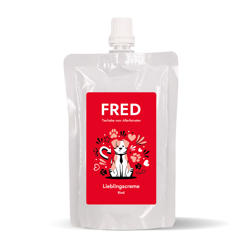 FRED Lieblingscreme Rind für Hunde im 10er Set, cremiger Snack mit intensivem Geschmack und praktischer Dosierung.