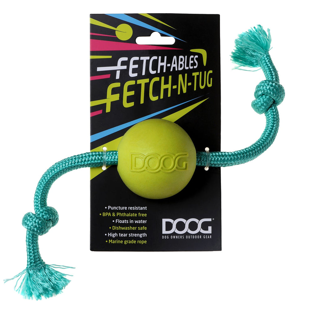 "Hundespielzeug Fetch-N-Tug mit gelbem Ball und robuster türkisfarbener Schnur für interaktives Spielen."