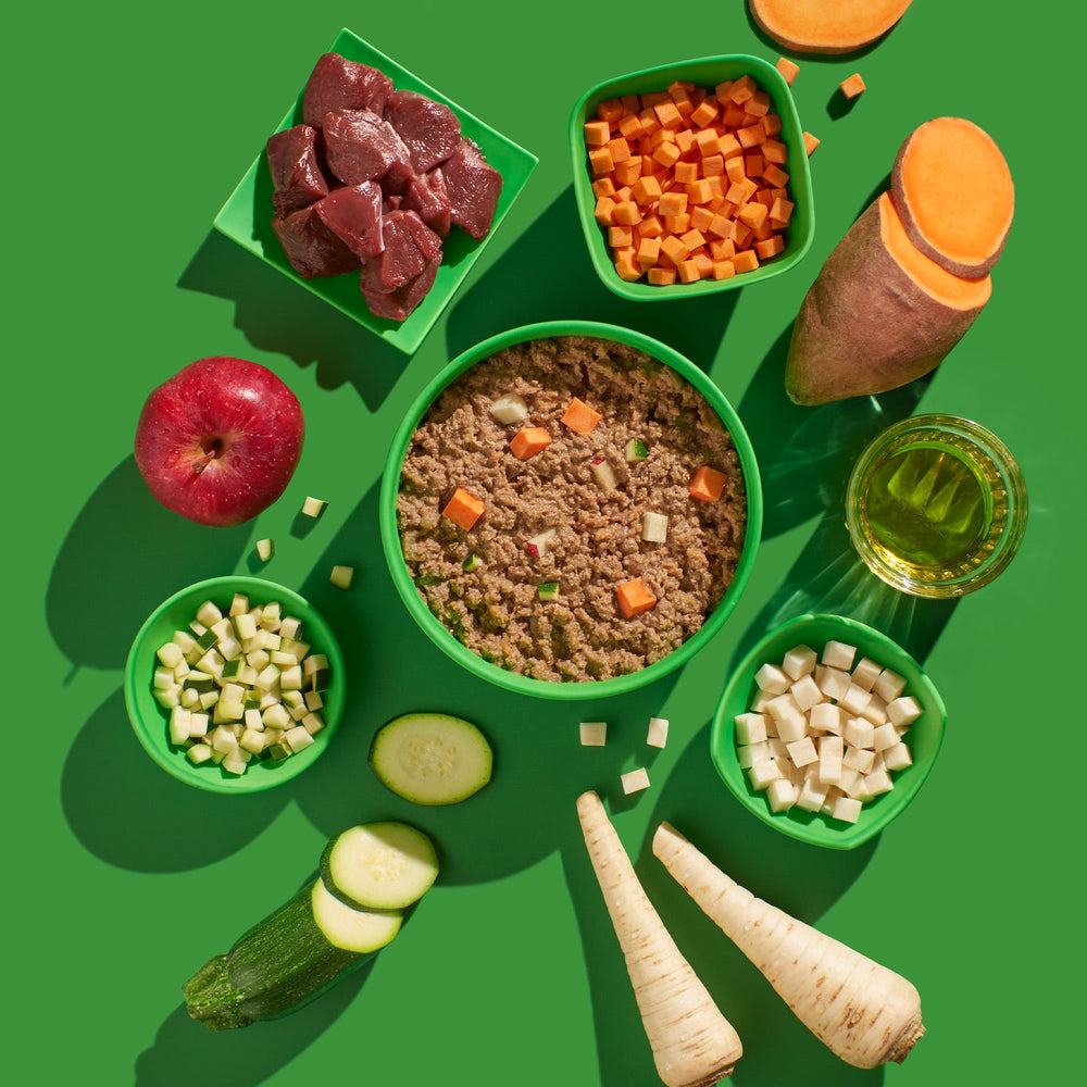 FRED Reh mit Süßkartoffeln für Hunde, getreidefrei, mit frischen Zutaten auf grünem Hintergrund präsentiert.