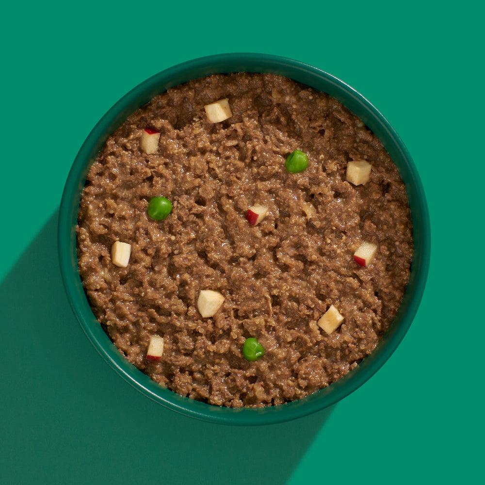 FRED Hirsch & Pute Seniorfutter für ältere Hunde in einer Schüssel mit Äpfeln und Erbsen auf grünem Hintergrund.