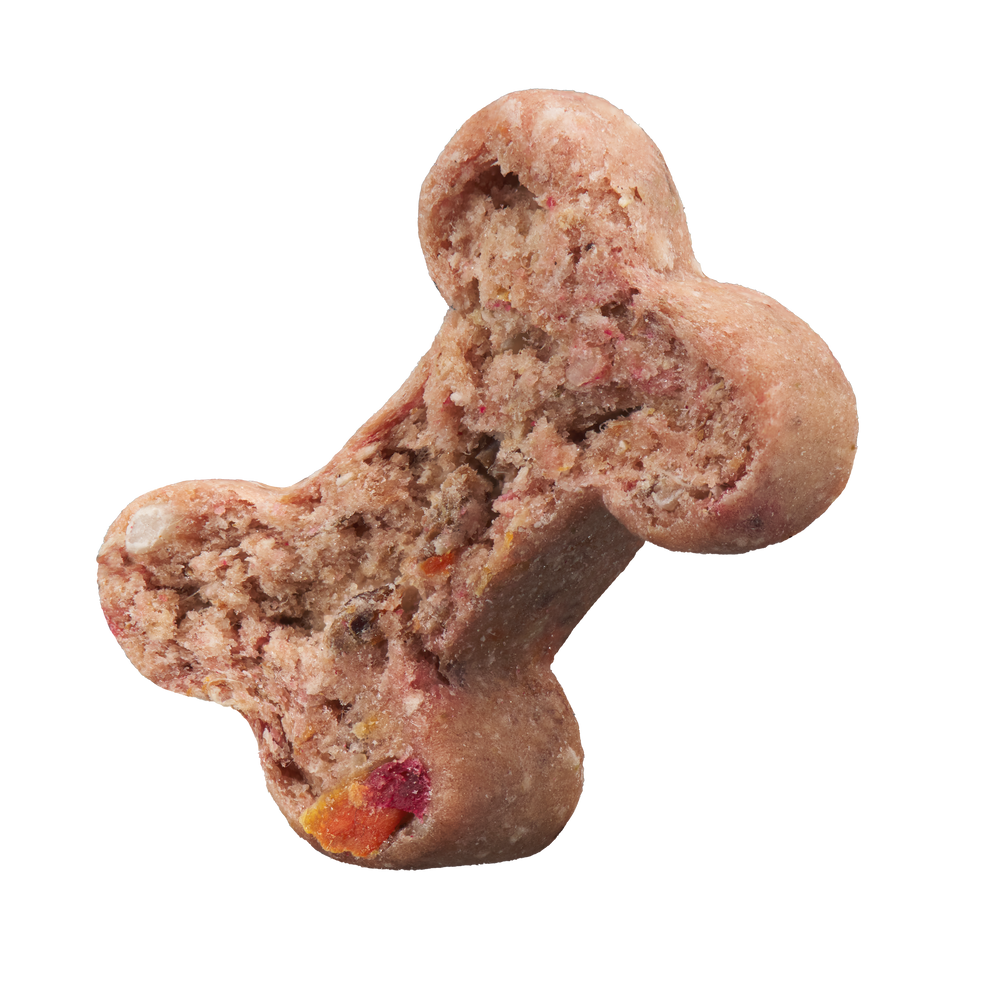 Kleine, getreidefreie Hundekekse in Knochenform mit Rote Bete, ideal als Trainingsbelohnung für Hunde.